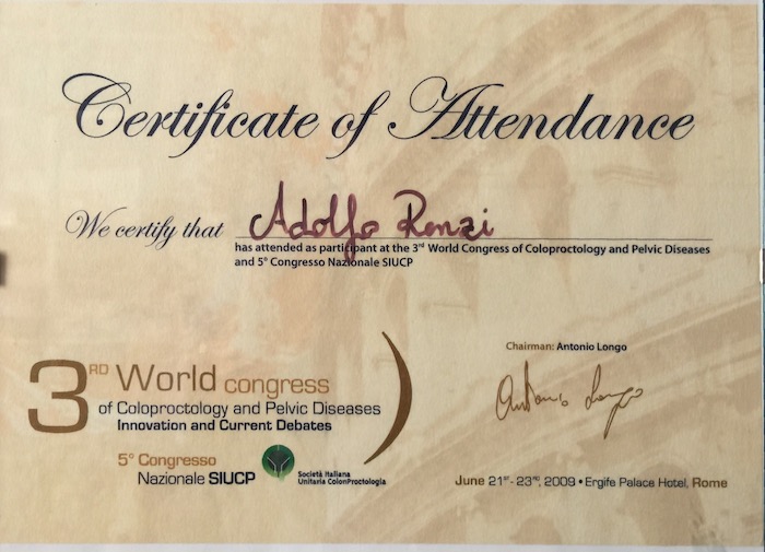 24 2009_6 - Congresso- Certificato Dr. Adolfo Renzi Proctologo
