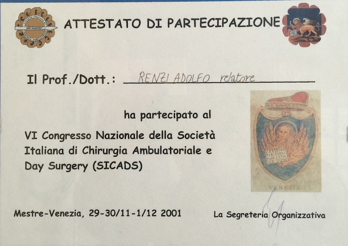 9 2001_11 - Congresso- Certificato Dr. Adolfo Renzi Proctologo